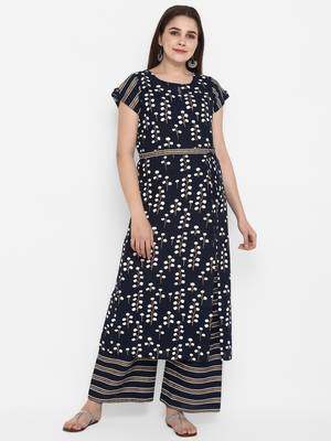 Navy-blue printed cotton long-kurtis 1