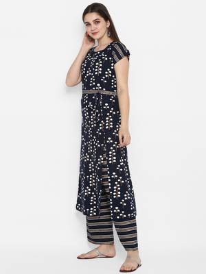 Navy-blue printed cotton long-kurtis 3