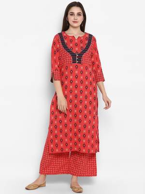 Coral printed cotton long-kurtis 1