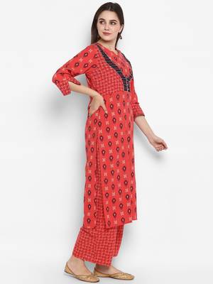 Coral printed cotton long-kurtis 2