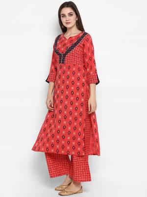 Coral printed cotton long-kurtis 3