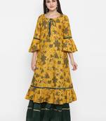Yellow printed cotton long-kurtis