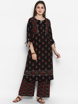 Black printed cotton long-kurtis 1