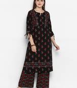 Black printed cotton long-kurtis