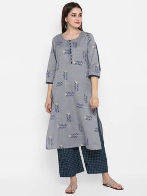 Grey printed cotton long-kurtis 1