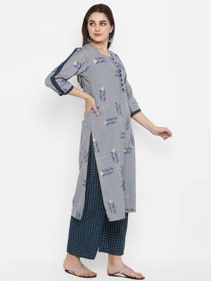 Grey printed cotton long-kurtis 2