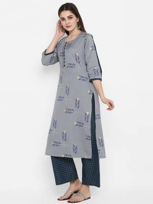 Grey printed cotton long-kurtis 3