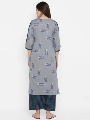 Grey printed cotton long-kurtis 4