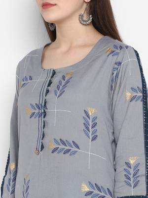 Grey printed cotton long-kurtis 5