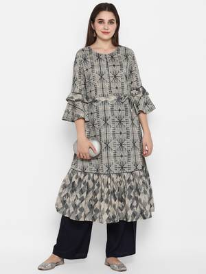 Grey printed cotton long-kurtis 1