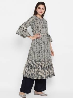 Grey printed cotton long-kurtis 2