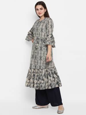 Grey printed cotton long-kurtis 3