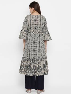Grey printed cotton long-kurtis 4