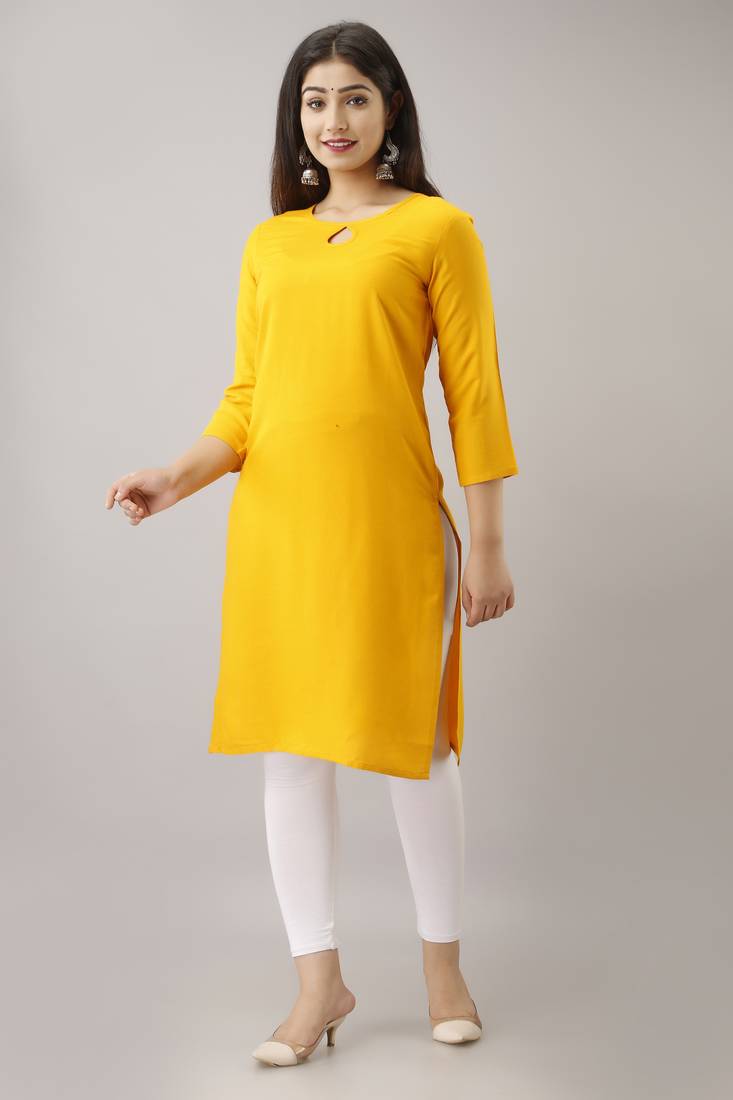 Woman's Soild Color Kurti Kurta For Office And Casual Wear Yellow