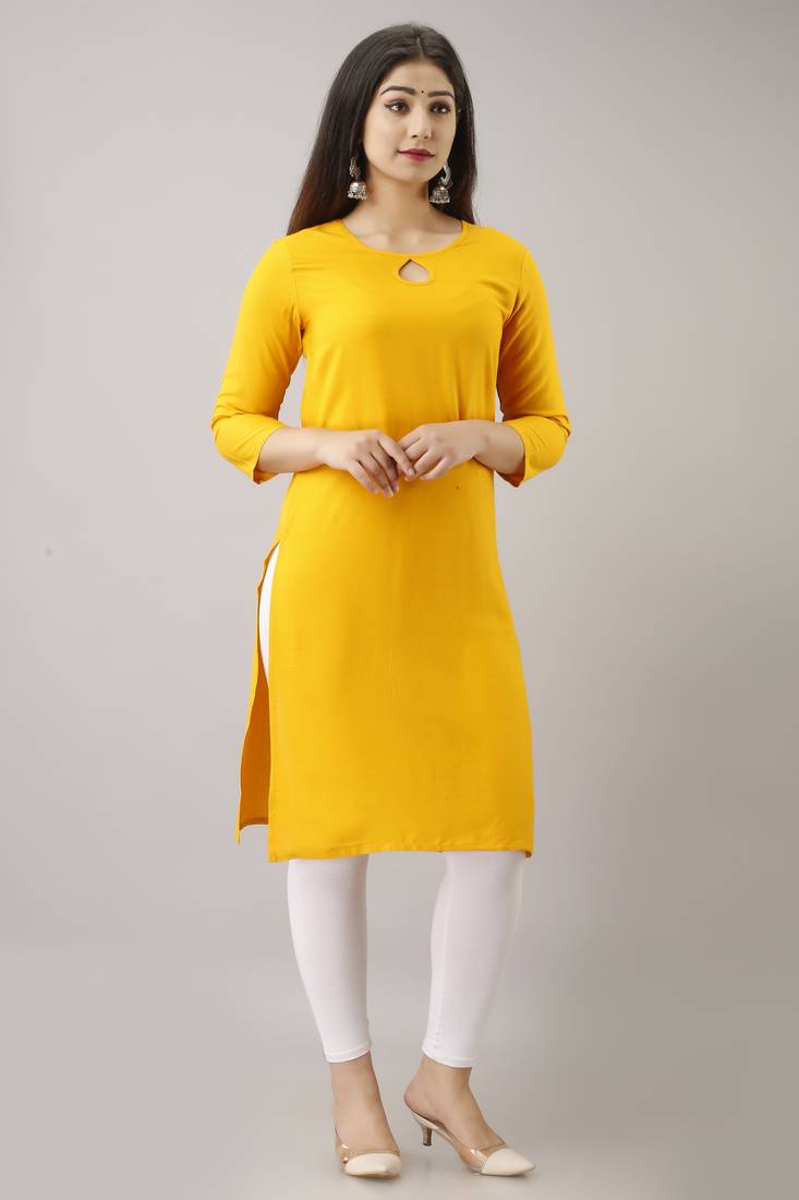 Woman's Soild Color Kurti Kurta For Office And Casual Wear Yellow