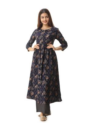 Women's Rayon Floral Printed Anarkali Navy Blue Kurta Palazzo Set 1