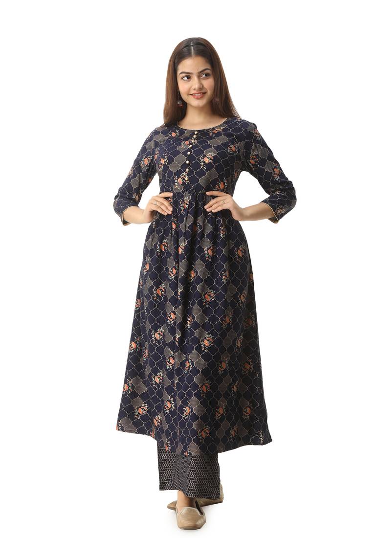 Women's Rayon Floral Printed Anarkali Navy Blue Kurta Palazzo Set