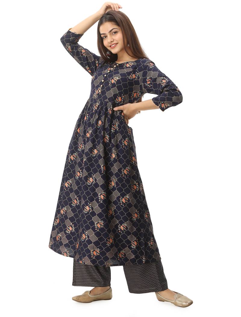 Women's Rayon Floral Printed Anarkali Navy Blue Kurta Palazzo Set