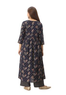 Women's Rayon Floral Printed Anarkali Navy Blue Kurta Palazzo Set 3