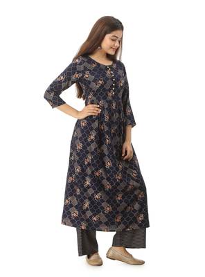 Women's Rayon Floral Printed Anarkali Navy Blue Kurta Palazzo Set 4