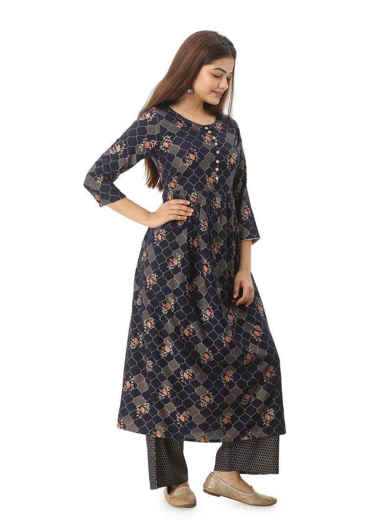 Women's Rayon Floral Printed Anarkali Navy Blue Kurta Palazzo Set