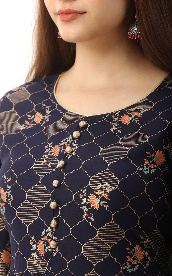 Women's Rayon Floral Printed Anarkali Navy Blue Kurta Palazzo Set