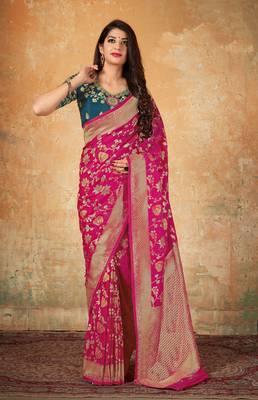 Pink woven banarasi silk saree with blouse 1