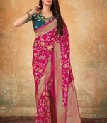 Pink woven banarasi silk saree with blouse