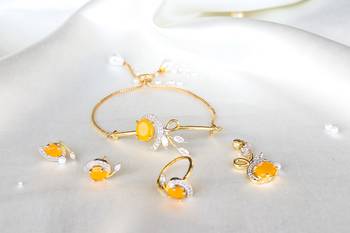 American Diamond Yellow Colored Gold Plated Necklace Set with Earring, Ring and Bracelet for Women & Girls 3