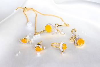 American Diamond Yellow Colored Gold Plated Necklace Set with Earring, Ring and Bracelet for Women & Girls 4