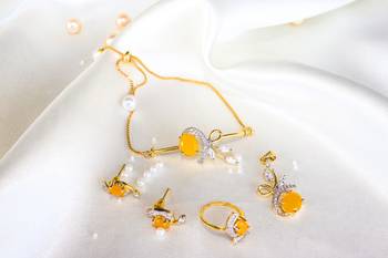 American Diamond Yellow Colored Gold Plated Necklace Set with Earring, Ring and Bracelet for Women & Girls 5