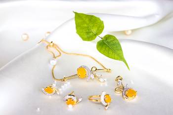 American Diamond Yellow Colored Gold Plated Necklace Set with Earring, Ring and Bracelet for Women & Girls 1