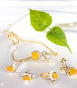 American Diamond Yellow Colored Gold Plated Necklace Set with Earring, Ring and Bracelet for Women & Girls