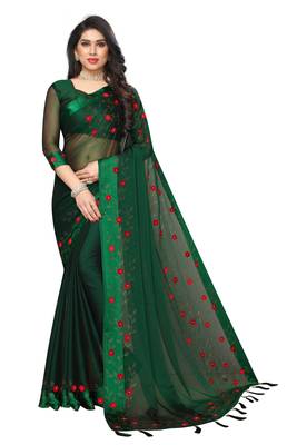 Green embroidered satin saree with blouse 1