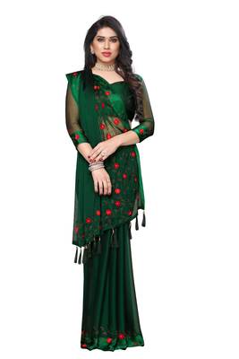 Green embroidered satin saree with blouse 2