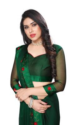 Green embroidered satin saree with blouse 3