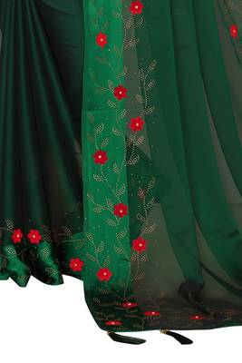 Green embroidered satin saree with blouse 4