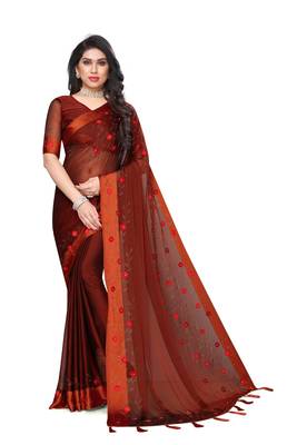 Maroon embroidered satin saree with blouse 1
