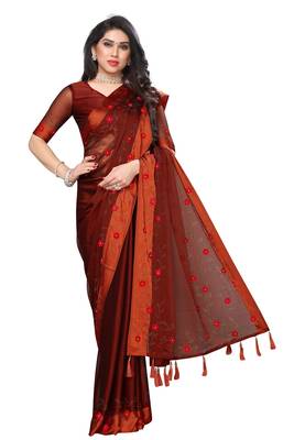 Maroon embroidered satin saree with blouse 2