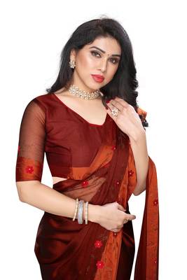 Maroon embroidered satin saree with blouse 3