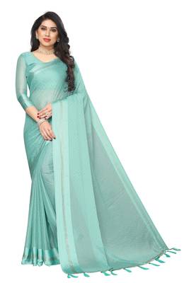 Sky blue embroidered satin saree with blouse 1