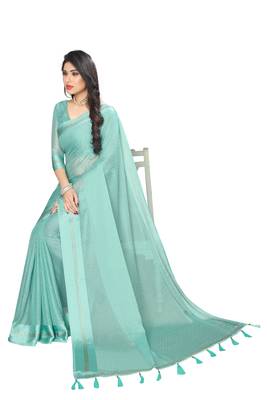 Sky blue embroidered satin saree with blouse 2
