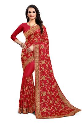 Pink embroidered satin saree with blouse 1