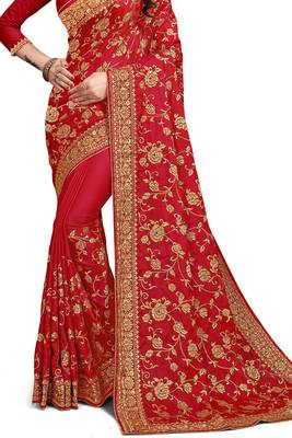 Pink embroidered satin saree with blouse 3