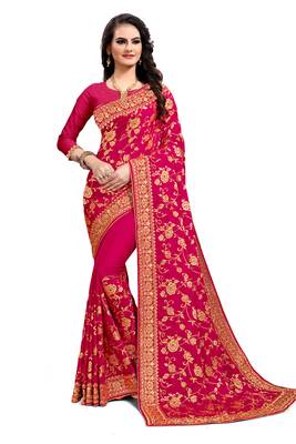 Pink embroidered satin saree with blouse 1