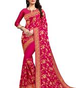 Pink embroidered satin saree with blouse