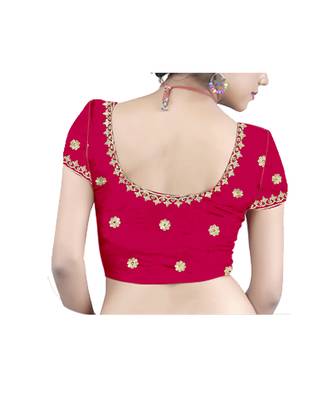 Pink embroidered satin saree with blouse 2