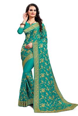 Green embroidered satin saree with blouse 1