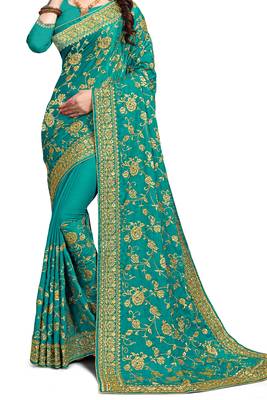 Green embroidered satin saree with blouse 3