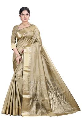 Beige woven silk blend saree with blouse 1